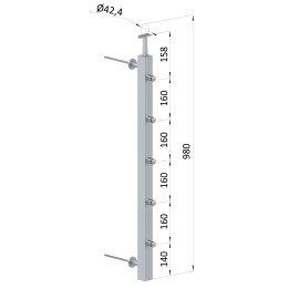 Nerezový sloup na francouzský balkón, boční kotvení, 5 řadový, levý, vrch pevný, (40x40x2 mm), broušená nerez K320 / AIS