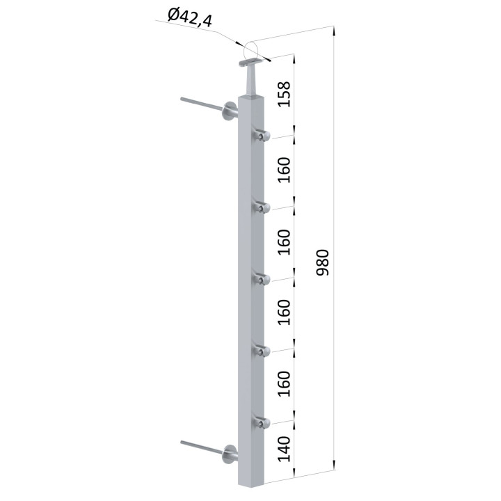 Nerezový sloup na francouzský balkón, boční kotvení, 5 řadový, levý, vrch pevný, (40x40x2 mm), broušená nerez K320 / AIS