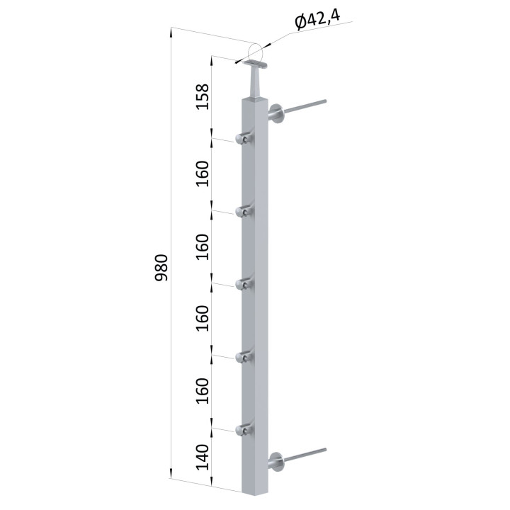 Nerezový sloup na francouzský balkón, boční kotvení, 5 řadový, pravý, vrch pevný, (40x40x2.0 mm), broušená nerez K320 /A