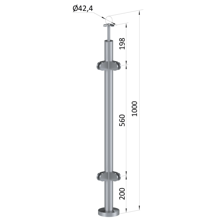 Nerezový sloup, vrchní kotvení, výplň: sklo, rohový: 90°