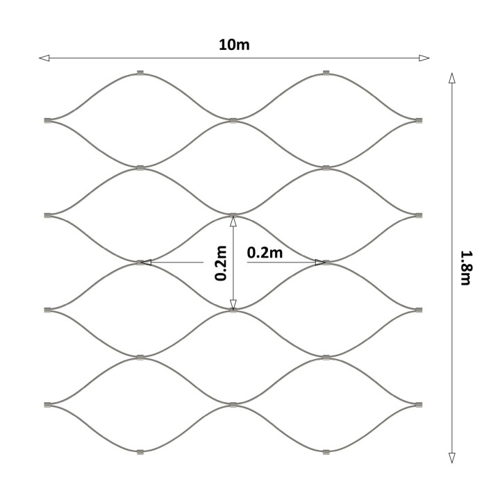Lanová sieť, 1,8 x 10 m, oko 200 x 200 mm, ø 2 mm, AISI 316