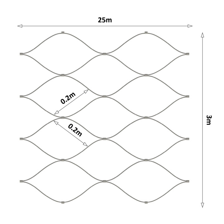 Lanová sieť, 3 x 25 m, oko 200 x 200 mm, ø 2 mm, AISI 316