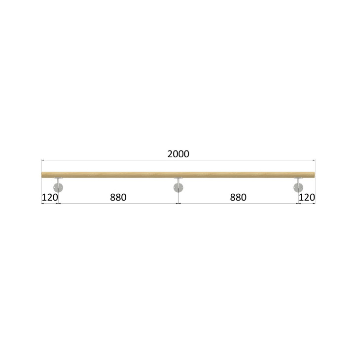 Madlo drevené (2000mm), materiál: buk, brúsený povrch bez náteru, set: 3 ks úchyt, madlo s ukončením
