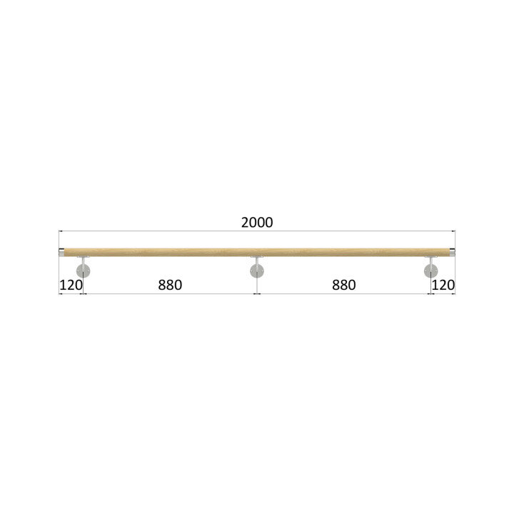 Madlo drevené (2000mm), materiál: buk, brúsený povrch bez náteru, set: 3 ks úchyt, madlo s nerezovým ukončením