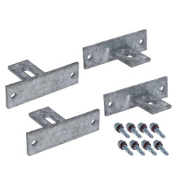 Set s držáky plotového pole, set obsahuje 4x držák (délka 100mm, šířka 30mm, výška 60mm, tloušťka 5mm) 8x šroub, žárový pozink