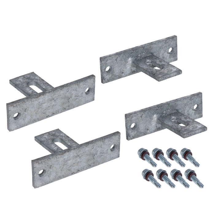 Set s držáky plotového pole, set obsahuje 4x držák (délka 100mm, šířka 30mm, výška 60mm, tloušťka 5mm) 8x šroub, žárový pozink
