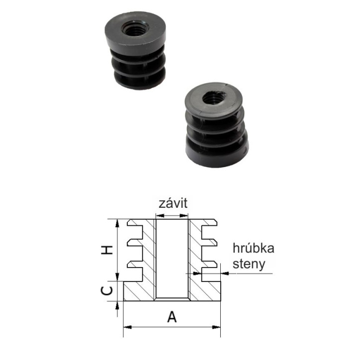 Plastová zátka M10, 20 x 20 x 6,2 mm, černá, se závitem PE