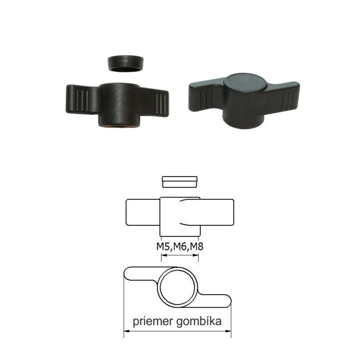 Plastová motýlková matice PA, ø 50 mm, otvor ø 6 mm, černá