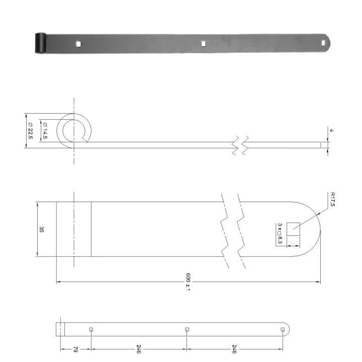 Kování pásové 600x35x4 mm otvor pro čep Ø14 mm černá barva