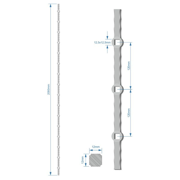 Tyč 2 m, opískovaná, profil 12 mm, rozteč 120 mm, oko 12,5 mm