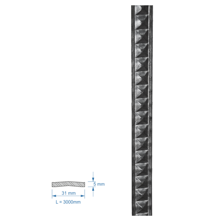 Plochá tyč vzorovaná 31 x 9 x 3000 mm (ocel S235)
