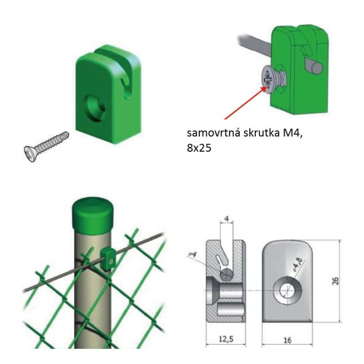 Úchytka napínacího drátu se samořezným šroubem M4, 8x25mm, zelená RAL6005