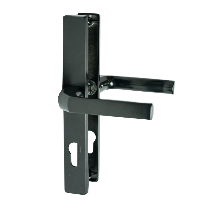 Kování klika-klika Al černá, rozměr štítku 239x32mm, rozteč 90mm, černá prášková barva vypalovaná, s otvorem pro stavební vložku