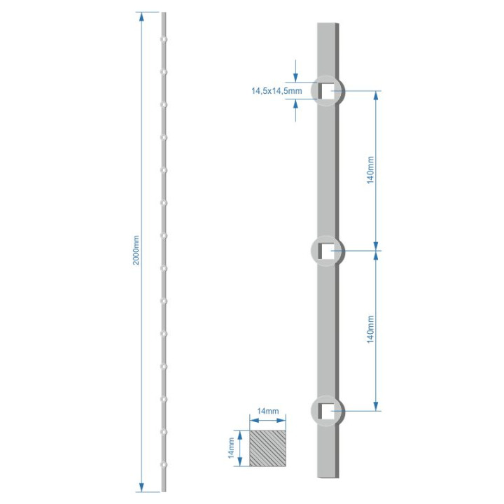 Tyč 2 m, opískovaná, profil 14 mm, rozteč 140 mm, oko 14,5 mm