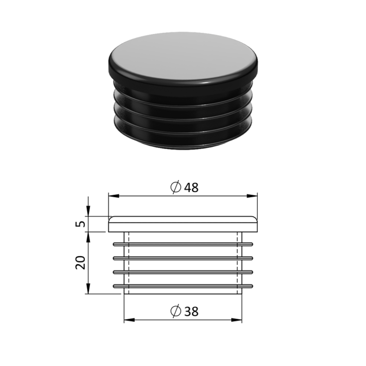 Vnitřní krytka kulatá Ø 48 mm, plastová, černá