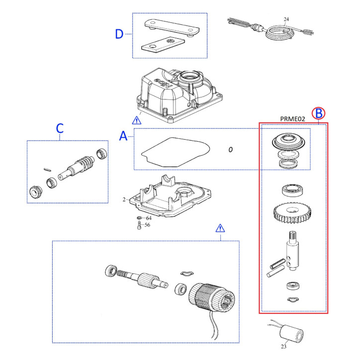 Kit pro METRO3000R01 / ME3010 výstupní hřídele převodovky s ložisky a guferem pro METRO3000 / 3024 / 3010 (PRME02)