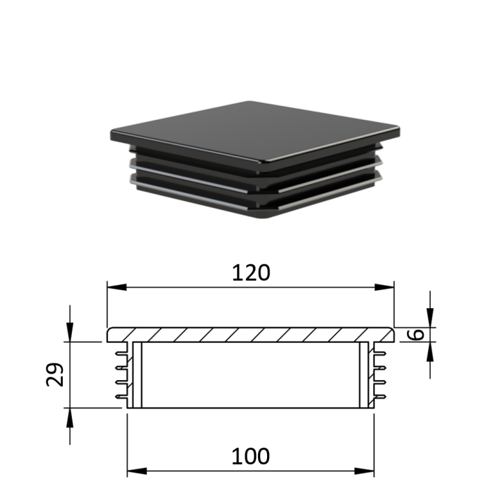 Krytka plastová 120 x 120 mm, černá