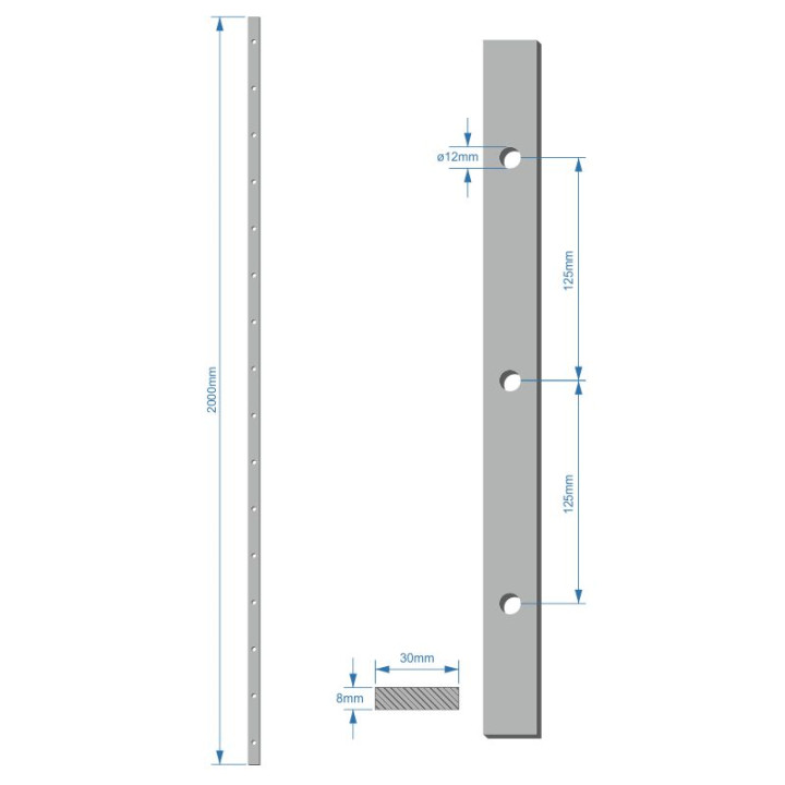 Plochá tyč 30x8 mm, rozteč děr 125 mm, otvor 12 mm, 2000 mm