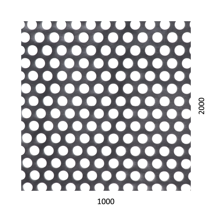 Děrovaný plech kruhový přesazený Fe, otvor: ø 10 mm, rozteč: 15 mm (1000 x 2000 x 1 mm)