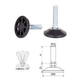 Kloubová plastová nivelační nožička závitotvorně nastavitelná (ø 50 mm, M12x60 mm, H-100 mm, černá)