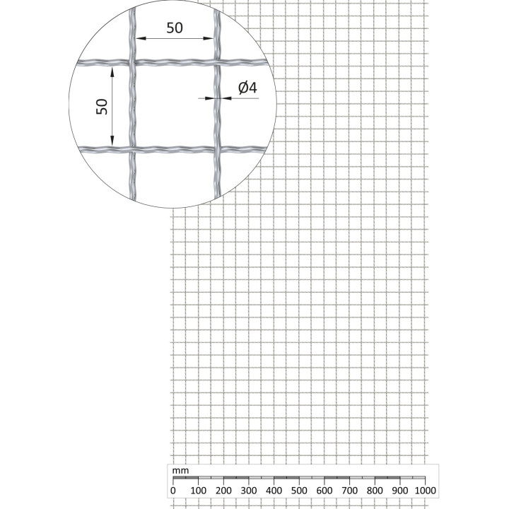 Žebírkové pletené síto - rovné, oko 50x50 mm, průměr pletiva ø4 mm, rozměr 1000x2000 mm, materiál: Nerez (AISI 304)