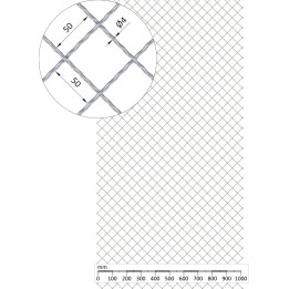 Žebírkové pletené síto - vzor Diamant, oko 50x50 mm, průměr pletiva ø4 mm, rozměr 1000x2000 mm, pozinkované