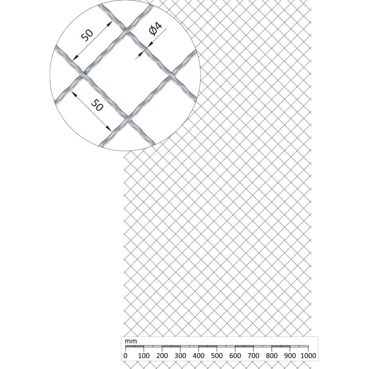 Žebírkové pletené síto - vzor Diamant, oko 50x50 mm, průměr pletiva ø4 mm, rozměr 1000x2000 mm, pozinkované