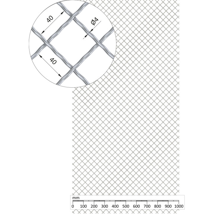 Žebírkové pletené síto - vzor Diamant, oko 40x40 mm, průměr pletiva ø4 mm, rozměr 1000x2000 mm, pozinkované