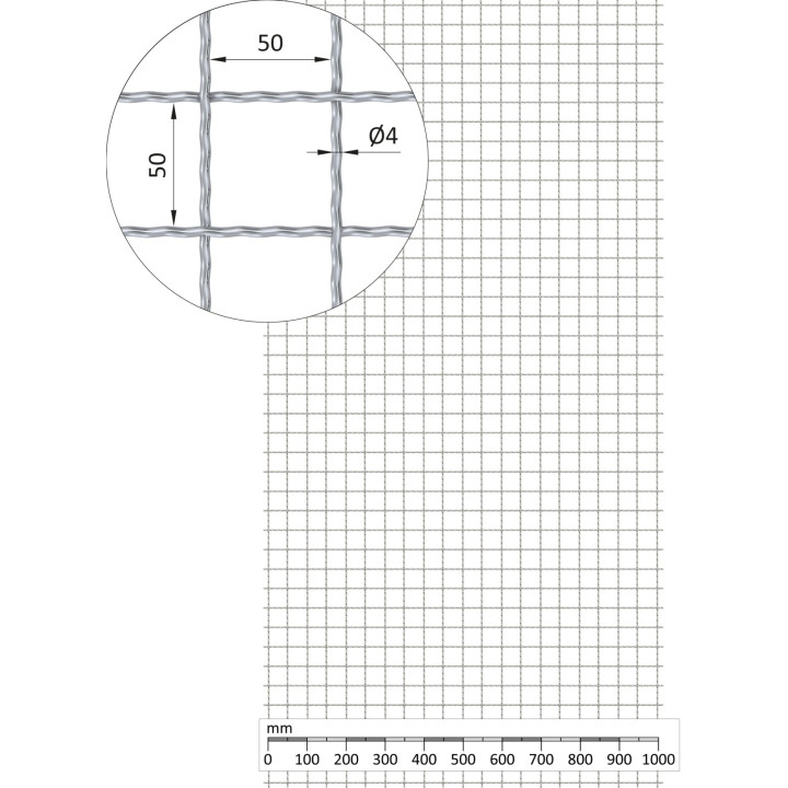 Žebírkové pletené síto - rovné, oko 50x50 mm, průměr pletiva ø4 mm, rozměr 1000x2000 mm, pozinkované