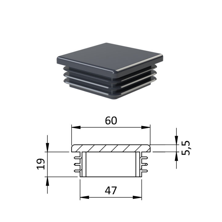 Plastová krytka 60 x 60 x 3 - 5 mm, antracit