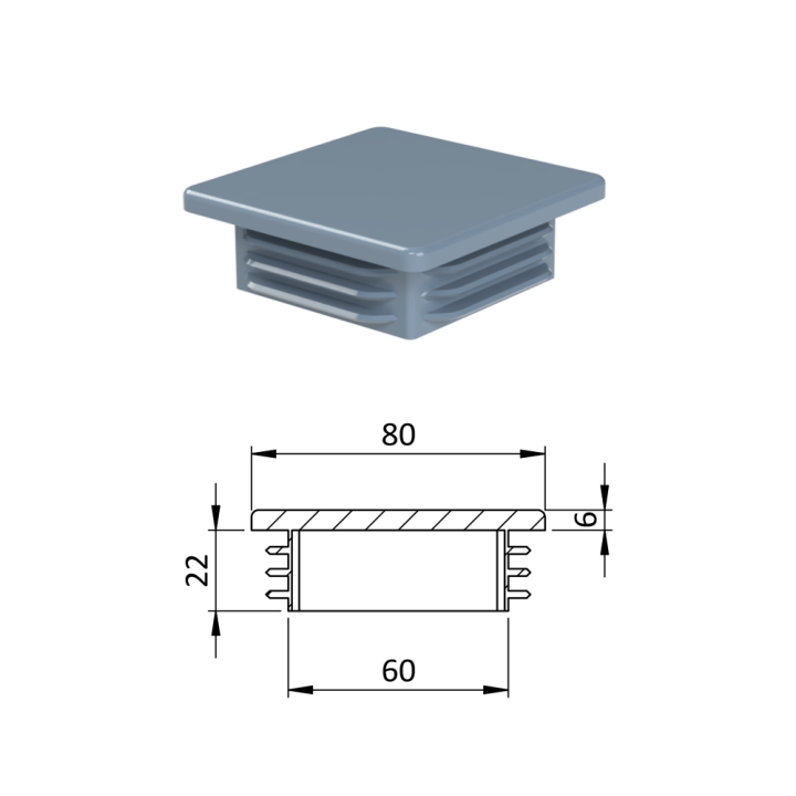 Plastová krytka 80 x 80 x 5 - 8 mm, šedá