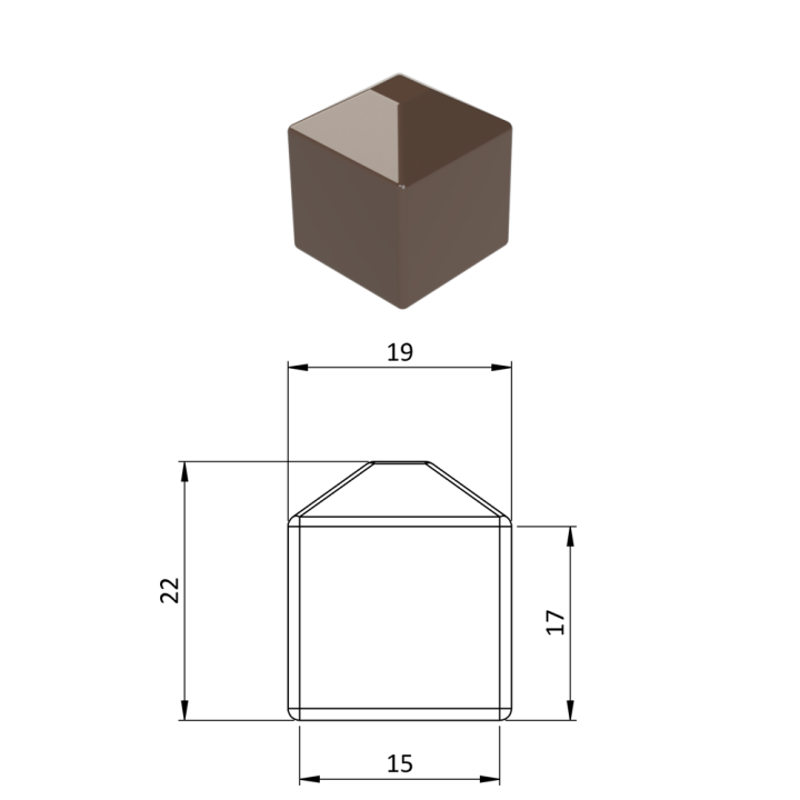 Vnější krytka 15 x 15 mm, plastová PE, hnědá