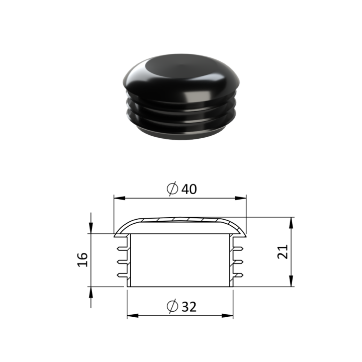 Vnitřní krytka kulatá Ø 40 mm plastová, černá