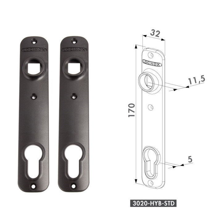 Krycí štítek s otvorem pro kliku a cylindrickou vložku LOCINOX®, rozteč 92 mm, polyamid