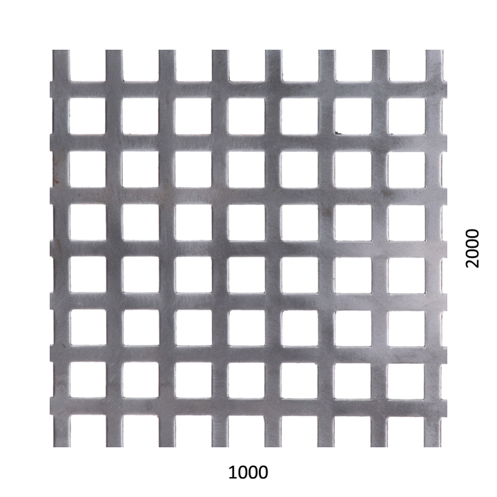 Děrovaný plech čtvercový řadový Fe, otvor 10x10mm, rozteč 14 mm (1000x2000x1,0 mm)
