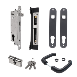 Sada FIFTYSET na zamykání křídlové branky LOCINOX (štítek, doraz, cylindrická vložka, klíčka) pro profil 50x40 mm