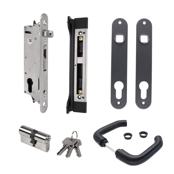Sada FIFTYSET na zamykání křídlové branky LOCINOX (štítek, doraz, cylindrická vložka, klíčka) pro profil 50x40 mm