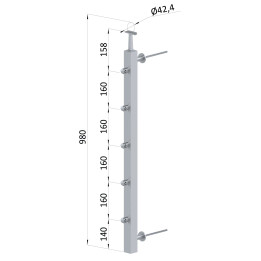 Nerezový sloup pro francouzský balkón, boční kotvení, 5řadový pravý, vrch pevný (40x40x2.0 mm), broušená nerez K320 / A