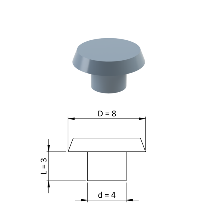 Vnitřní krytka kulatá ø 8 mm, otvor ø 4 mm, šedá, plast