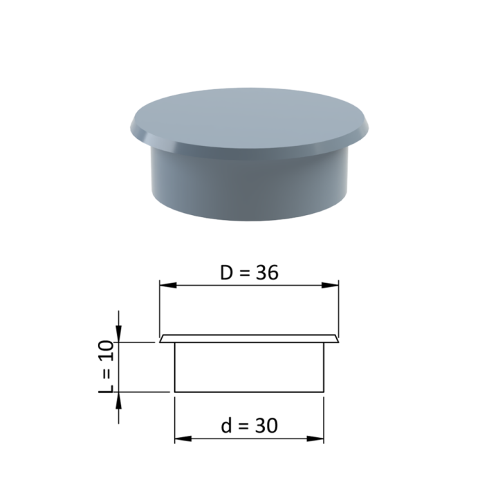 Vnitřní krytka kulatá ø 36 mm, otvor ø 30 mm, šedá, plast