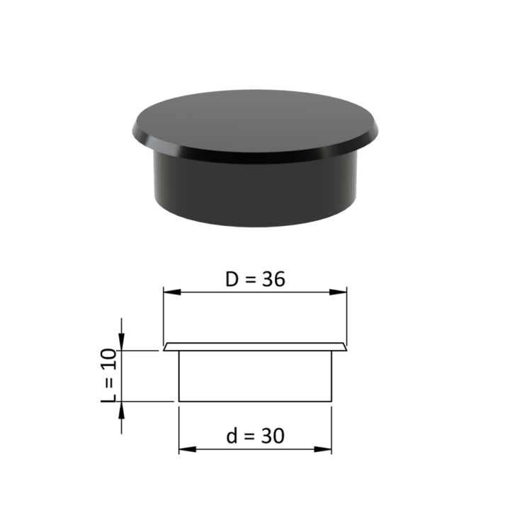 Vnitřní krytka kulatá ø 36 mm, otvor ø 30 mm, černá, plast