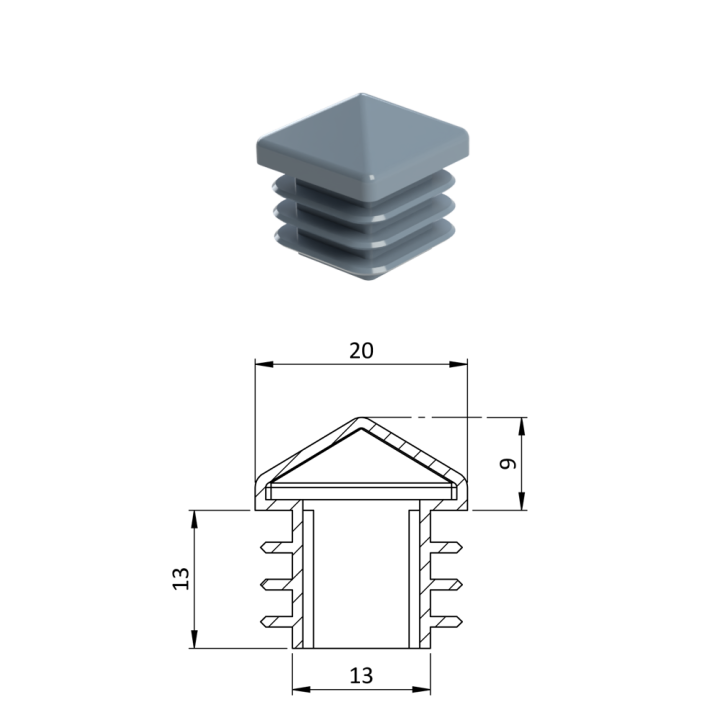 Krytka plastová se stříškou 20 x 20 mm, šedá