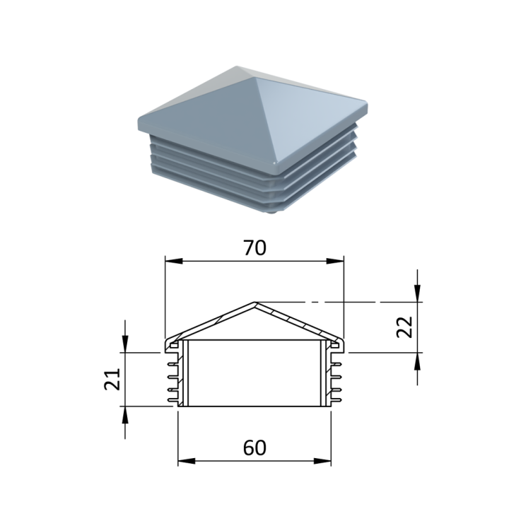 Krytka plastová se stříškou 70 x 70 mm, šedá