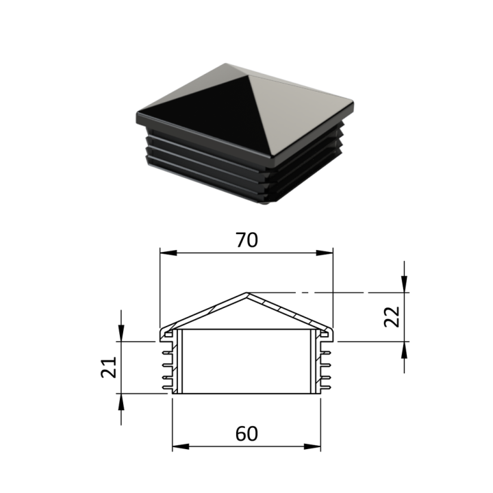 Krytka plastová se stříškou 70 x 70 mm, černá