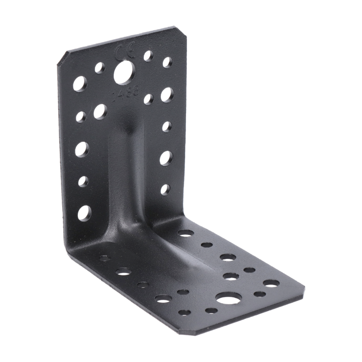 Úhelník s prolisem 90x90x65 mm 2,0 mm černý díry průměr 5 mm - 16 ks 7 mm - 12 ks 11 mm - 2 ks