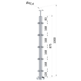 Nerezový sloup kruhový, vrchní kotvení, 5řadový rohový, 90°