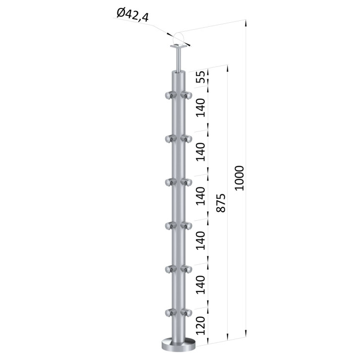 Nerezový sloup kruhový, vrchní kotvení, 6řadový rohový, 90°