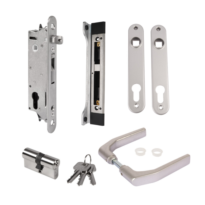 LOCINOX sada FIFTYSET pro zamykání křídlové branky (štítek, doraz, cylindrická vložka, klika), pro profil 50x40 mm