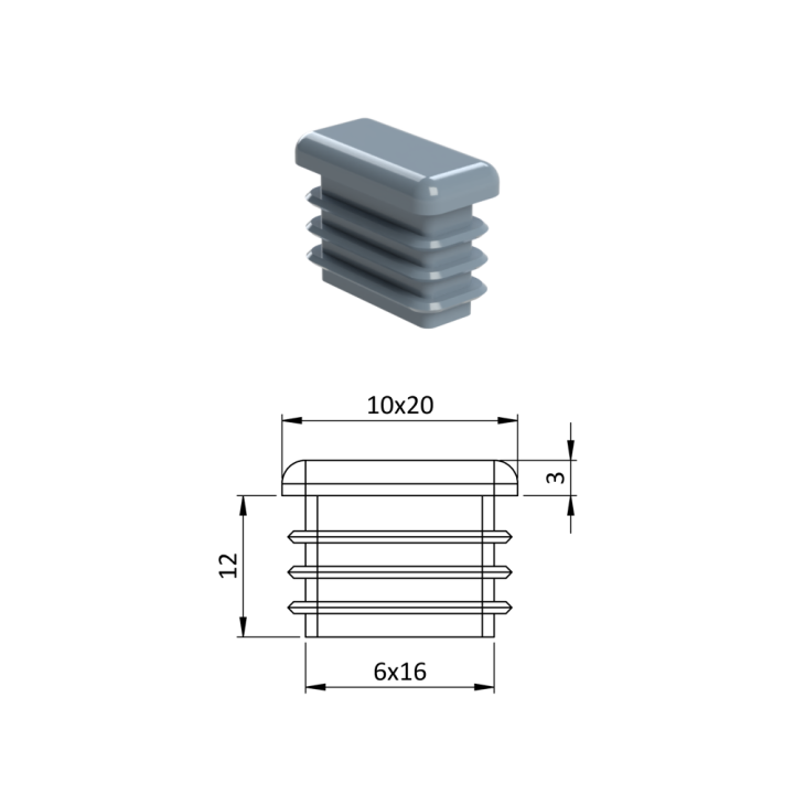 Krytka plastová 10 x 20 mm, šedá