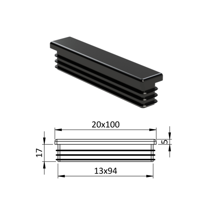 Krytka plastová 20 x 100 mm černá